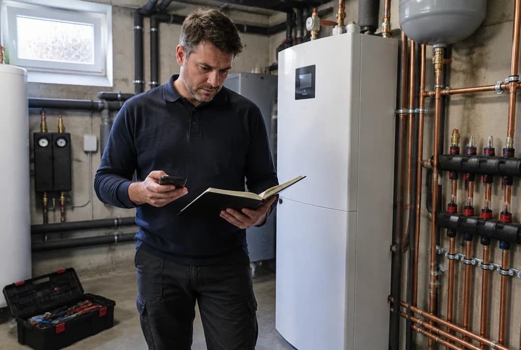 Inhaber eines SHK-Betriebs steht im Technikraum vor einer Wärmepumpe, Notizbuch in der einen Hand, Handy in der anderen