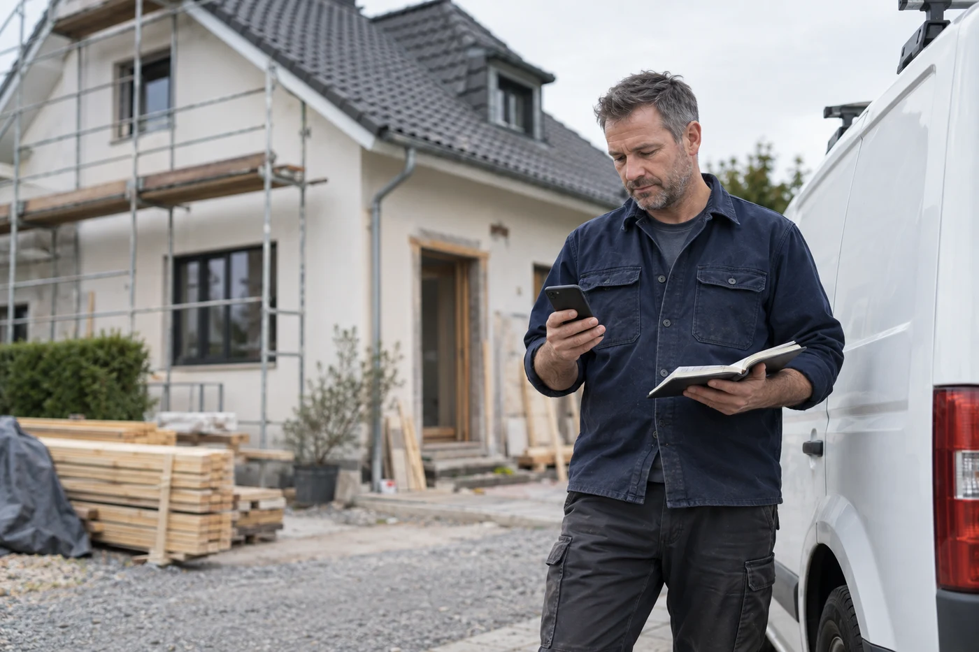 Ein Handwerkschef hält nach einem Kundentermin seine Notizen fest und schreibt auf seinem Smartphone