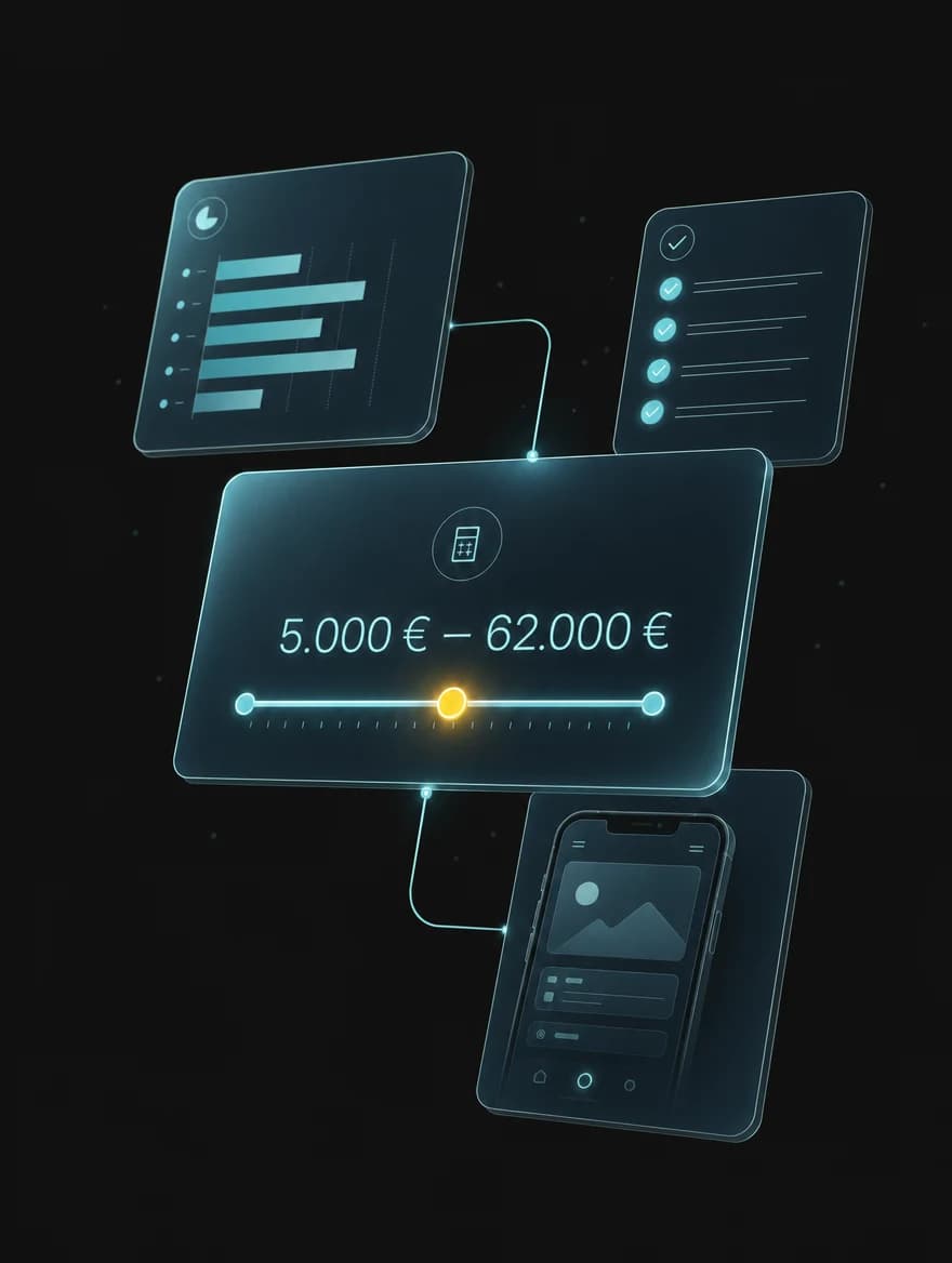 Illustration des Kostenchecks: schwebende Interface-Karten mit Preisspanne, Kosten-Aufschlüsselung und App-Ansicht