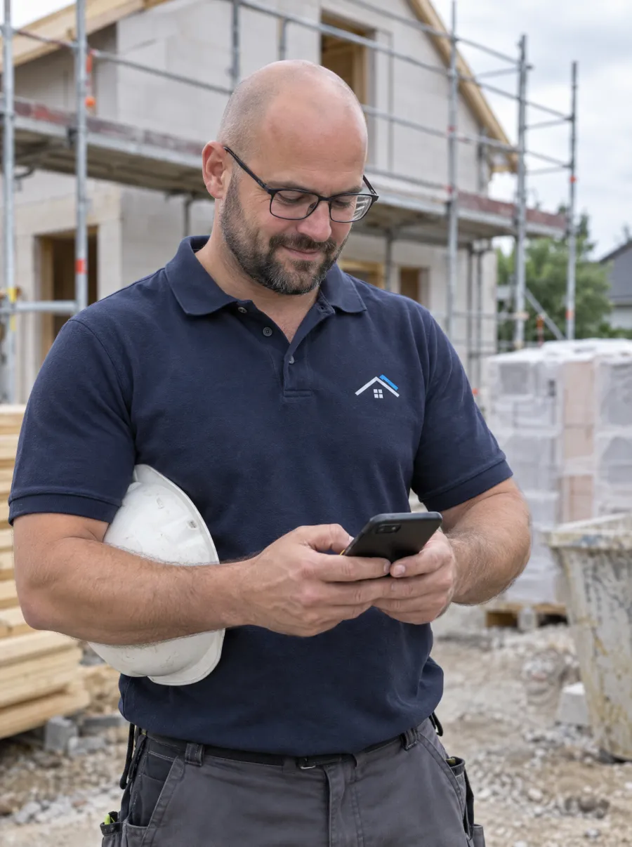 Handwerksunternehmer im Firmen-Polo tippt auf der Baustelle eine Nachricht