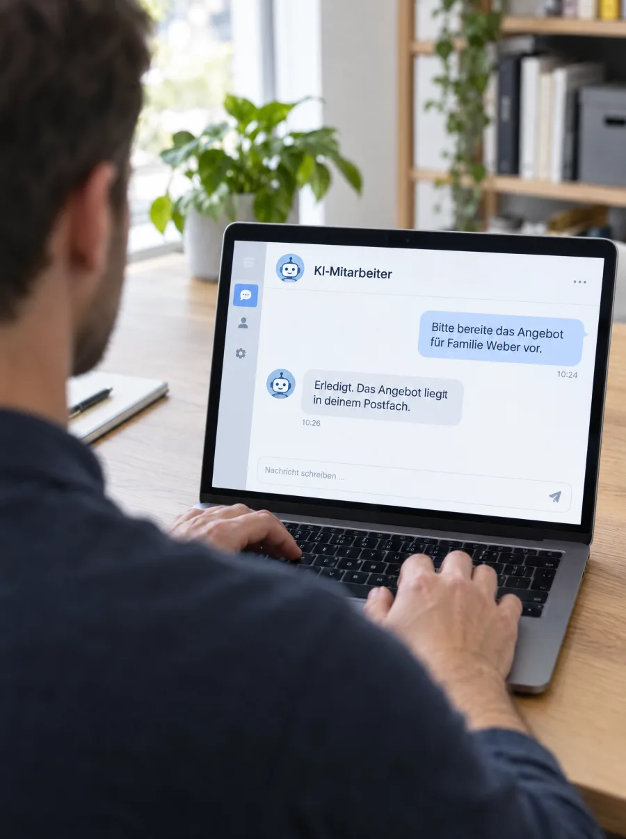Blick über die Schulter auf einen Laptop mit geöffnetem Chat mit dem KI-Mitarbeiter